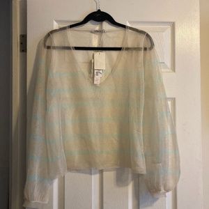 V neck lurex cream and blue striped pullover
